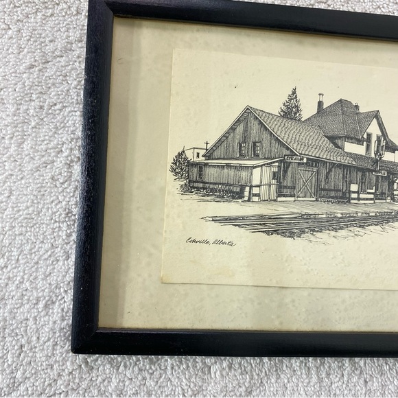 Vintage Eckville Alberta Framed Black and White Train Station Sketch - Picture 4 of 12
